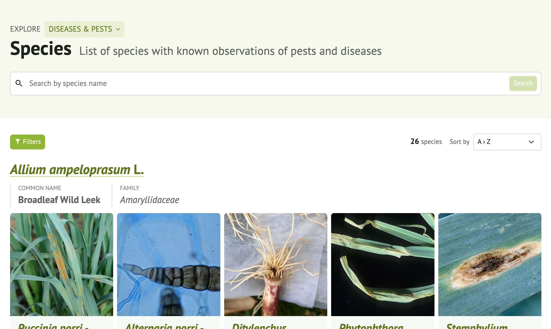 Explore the species on which observations of diseases and pests have been made