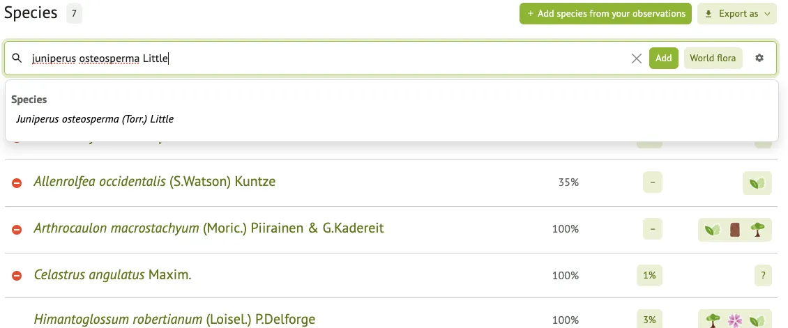 Utiliser le champ de recherche pour ajouter une nouvelle espèce